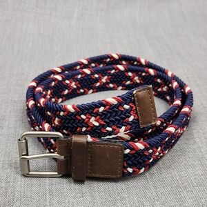 Red White and Blue Elastic Braided Stretch With Faux Brown Leather Trim. 38
